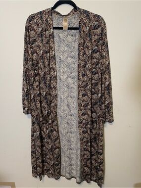 Retreat butterfly Printed open Cardigan in Taupe, Blue & Brown 41 inch long